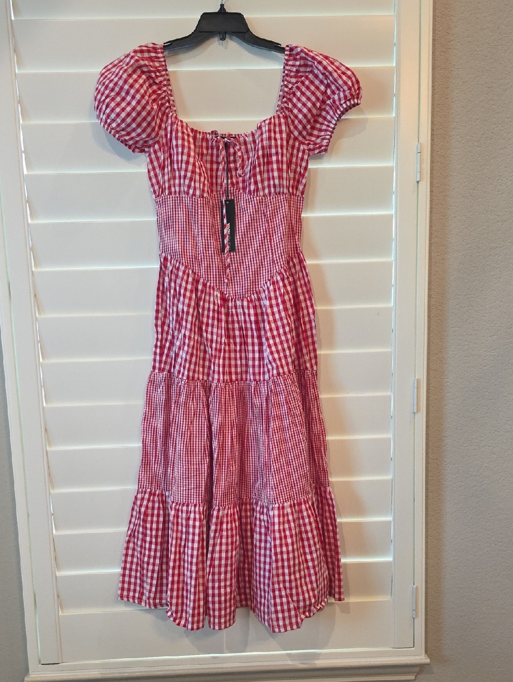 New Red and White Gingham Puff Sleeve Midi Dress
